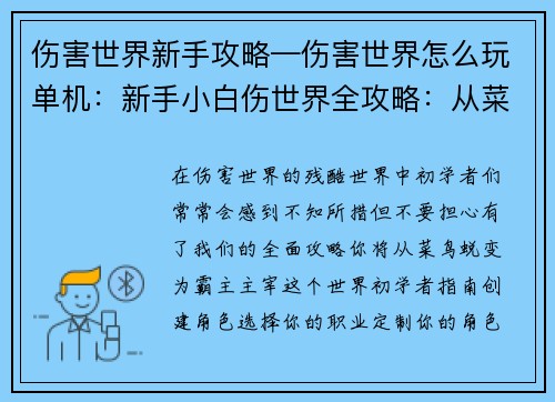 伤害世界新手攻略—伤害世界怎么玩单机：新手小白伤世界全攻略：从菜鸟到霸主的进阶之路
